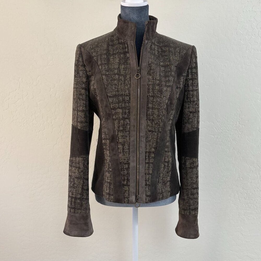 Betty Barclay Collection Vtg Olive Tweed Suede Paneled Moto Jacket Size 38‎ S/M